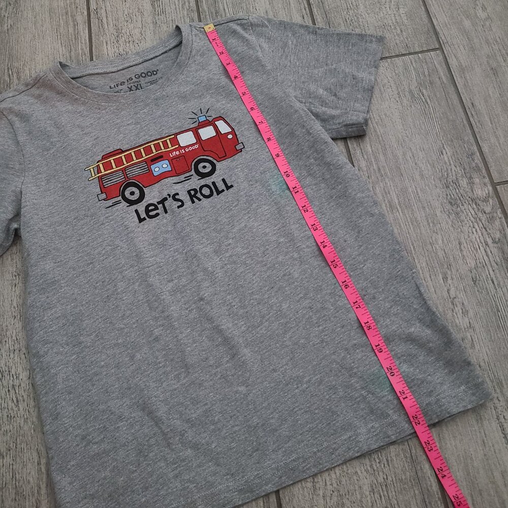 Life Is Good Kids Fire Truck “Let’s Roll” T-Shirt Gray XXL (14-16) - Picture 4 of 8